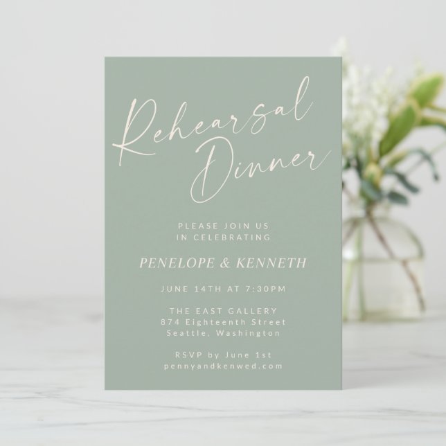 Elegant Sage Green Script Rehearsal Dinner Invitation (Standing Front)