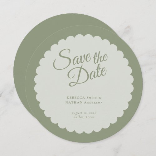 Elegant Sage Green Script Scallop Wedding Save The Date