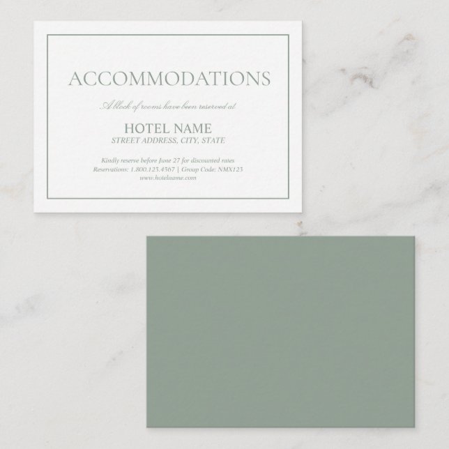 Elegant Sage Green Script Wedding Accommodations Enclosure Card (Front/Back)