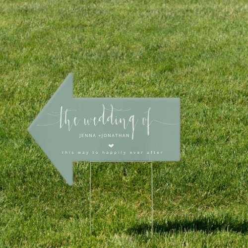 Elegant Sage Green Script Wedding Direction Arrow Sign