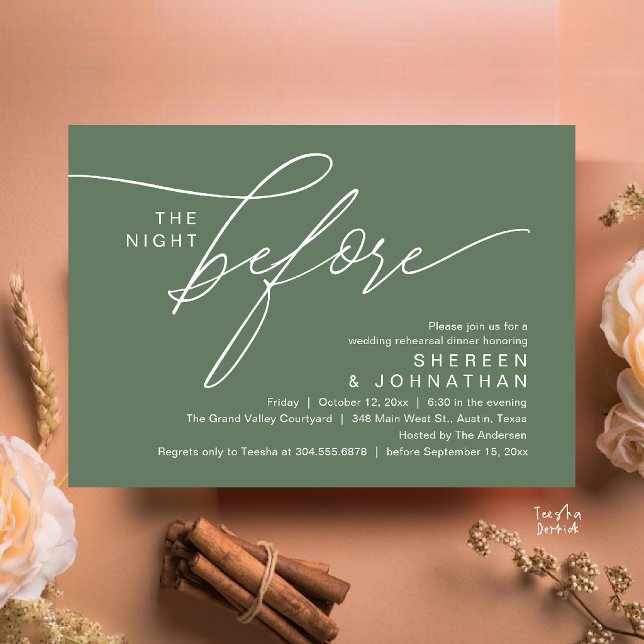 Elegant Sage Green Script Wedding Rehearsal Dinner Invitation (Elegant Script Wedding Rehearsal Dinner Invitation Card in Sage Green)