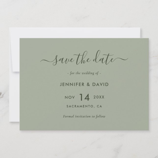 Elegant Sage Green Script Wedding Save The Date (Front)