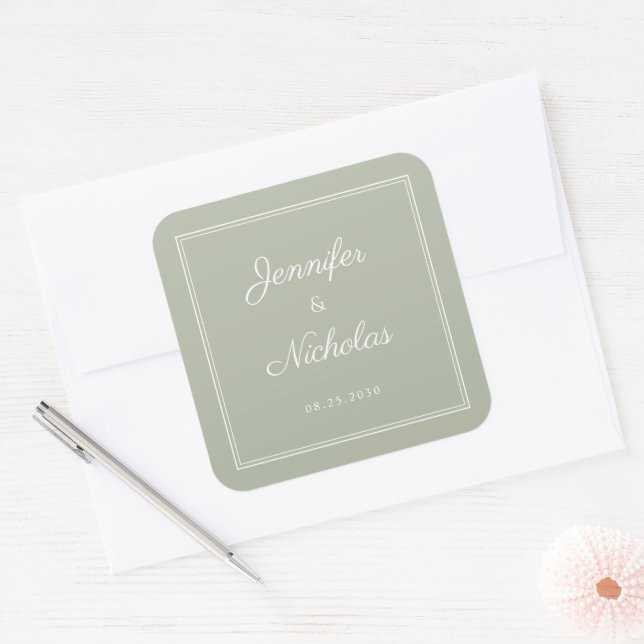 Elegant Sage Green Script Wedding Square Sticker (Envelope)