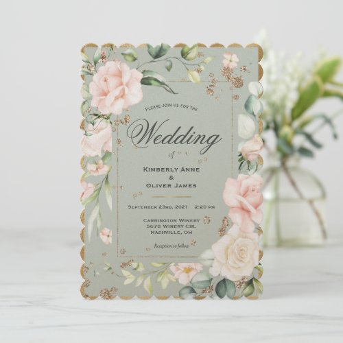 Elegant Sage Green Shimmer Gold Wedding Invitation