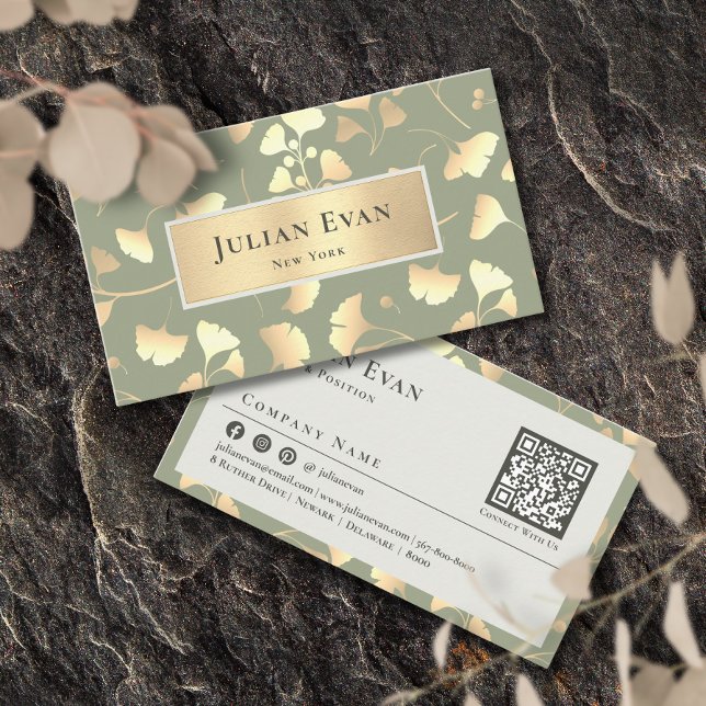Elegant Sage Green Shiny Ginkgo Gold Leaf Foliage Business Card (Elegant Sage Green Shiny Ginkgo Gold Leaf Foliage Business Card)