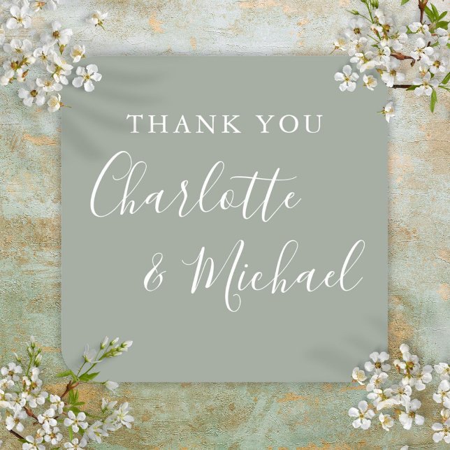 Elegant Sage Green Signature Script Thank You Square Sticker (Elegant Sage Green Signature Script Thank You Square Sticker)