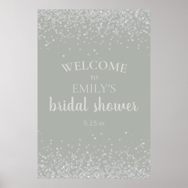 Elegant Sage Green Silver Confetti Bridal Shower Poster (Front)