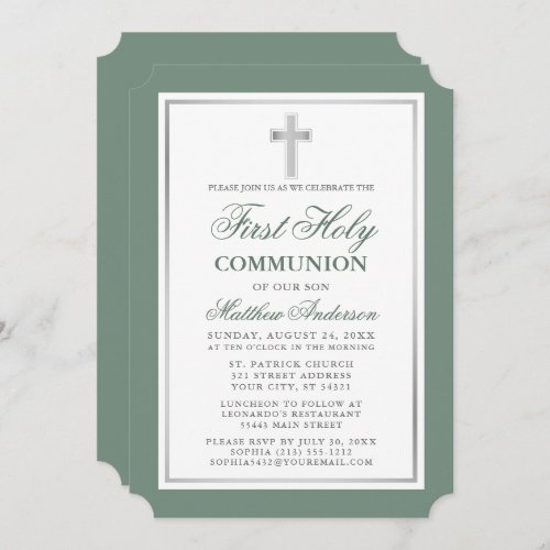 Elegant Sage Green Silver First Holy Communion Invitation