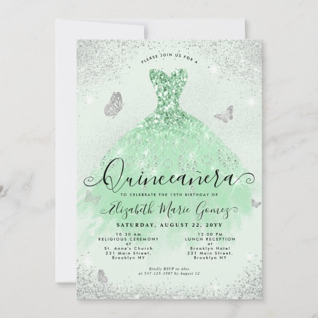 Elegant Sage Green Silver Glitter Gown Quinceanera Invitation (Front)