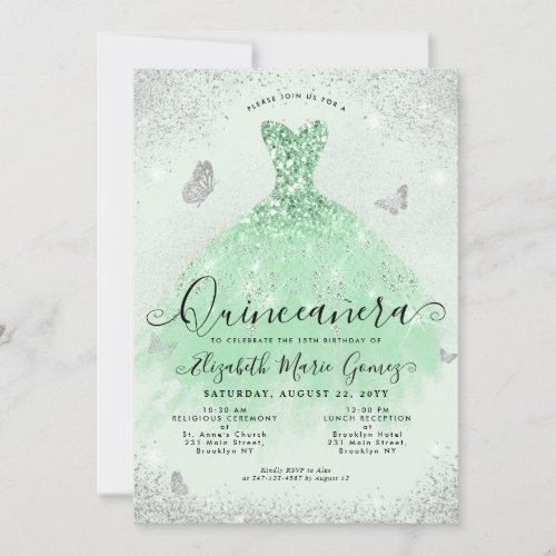 Elegant Sage Green Silver Glitter Gown Quinceanera Invitation