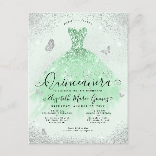 Elegant Sage Green Silver Glitter Gown Quinceanera Postcard
