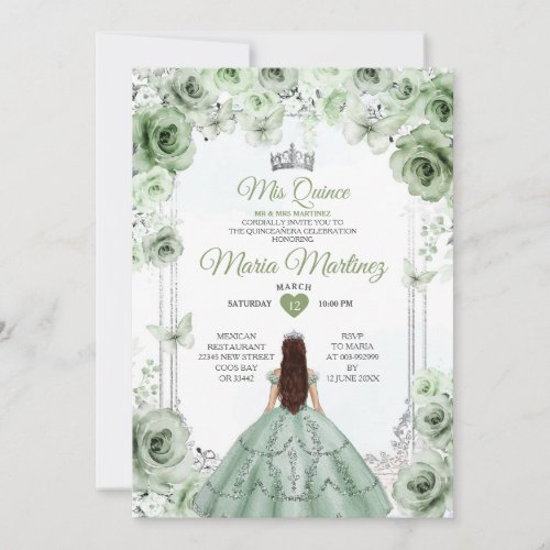 Elegant Sage Green  Silver Princess Mis Quince Invitation