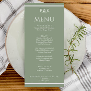 Elegant Sage Green Simple Monogram Dinner Wedding Menu