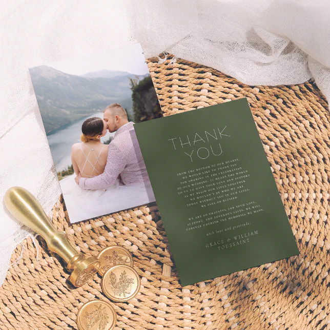 Elegant Sage Green Simple Photo Wedding Thank You Card | Zazzle