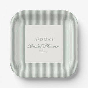 Elegant Sage Green Stripe Script Bridal Shower Paper Plates
