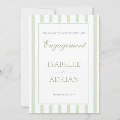 Elegant Sage Green Striped Engagement Thank You Card