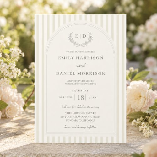 Elegant Sage Green Striped Monogram Wedding Invitation