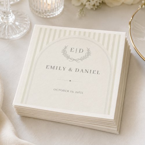 Elegant Sage Green Striped Monogram Wedding Napkins