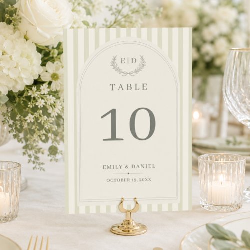 Elegant Sage Green Striped Monogram Wedding  Table Number