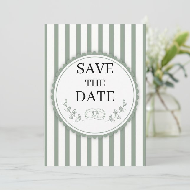 Elegant Sage Green Striped Save the Date Rings Invitation (Standing Front)