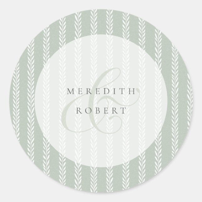 Elegant Sage Green Stripes & Ampersand Wedding Classic Round Sticker (Front)