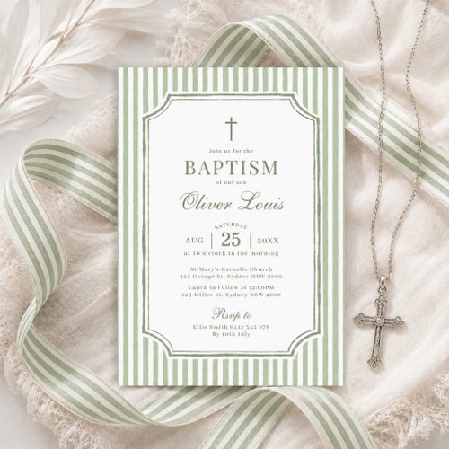 Elegant Sage Green Stripes Boy Girl Baptism Invitation