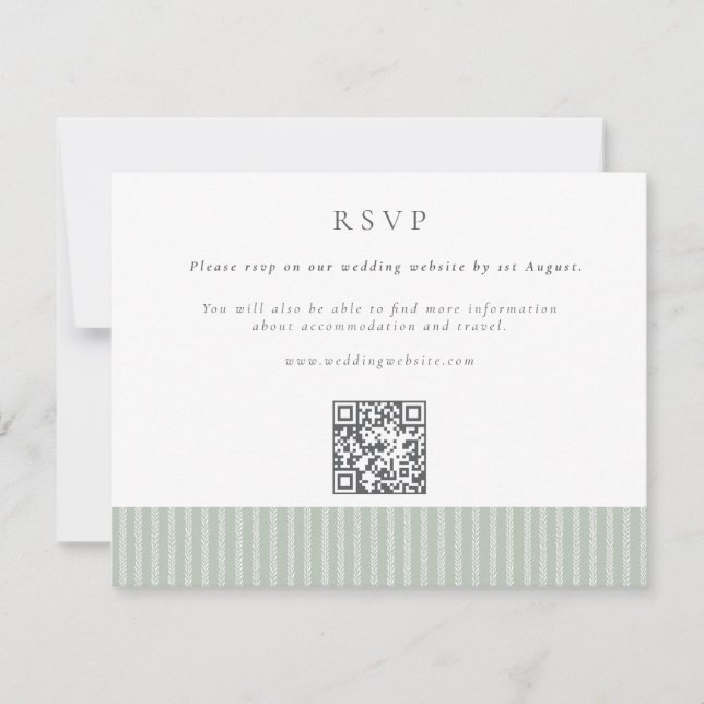Elegant Sage Green Stripes QR Code Wedding RSVP Card (Front)