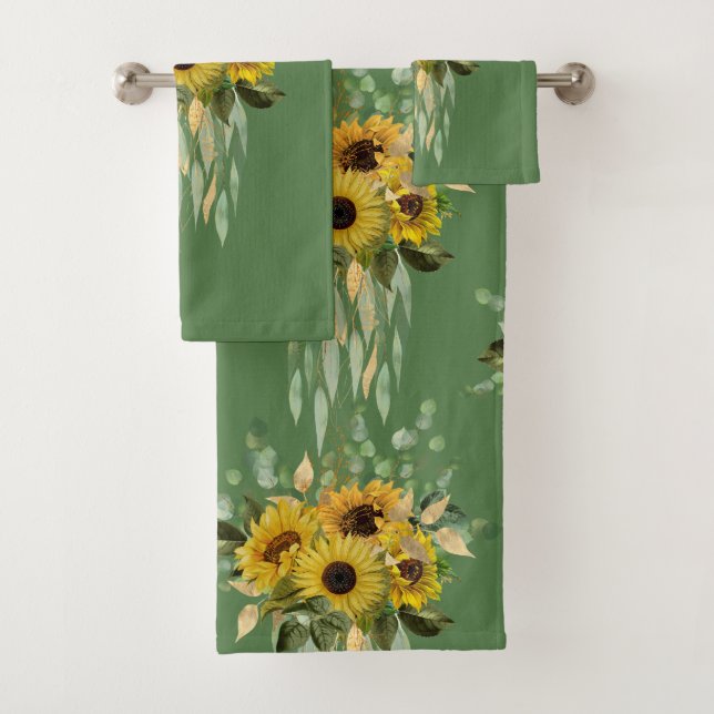 ELEGANT SAGE GREEN SUNFLOWER BATHROOM TOWEL SET (Insitu)