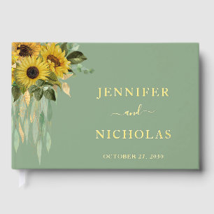 Elegant Sage Green Sunflower Wedding Gold Foil Guest Book