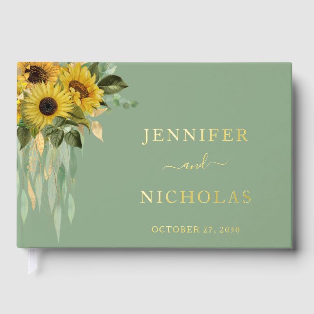Elegant Sage Green Sunflower Wedding Gold Foil Guest Book (Front)