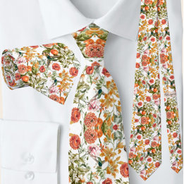 Elegant Sage Green Terracotta Floral Hummingbird Neck Tie