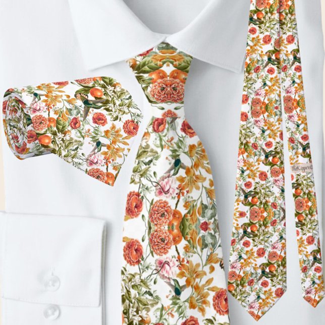 Elegant Sage Green Terracotta Floral Hummingbird Neck Tie (Creator Uploaded)