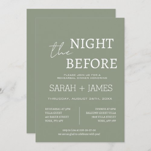 Elegant Sage Green the Night Before Dinner Wedding Invitation