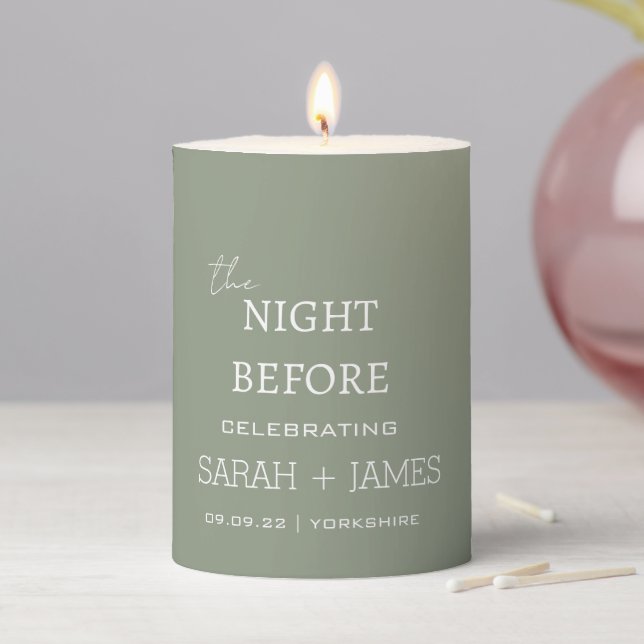 Elegant Sage Green the Night Before Wedding Name Pillar Candle (In Situ)