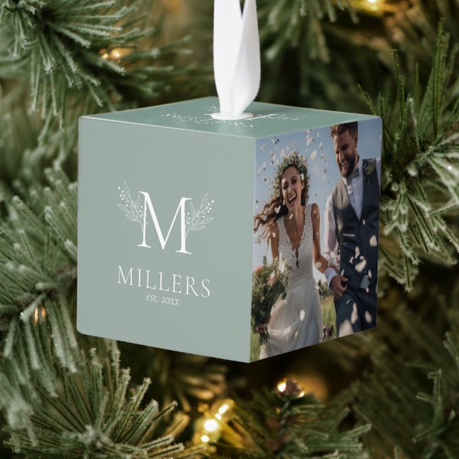 Elegant sage green three photo monogram. cube ornament (Tree)