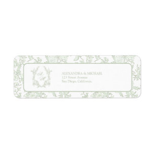Elegant Sage Green Toile Crest Monogram Wedding Label