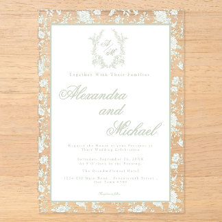 Elegant Sage Green Toile Floral Monogram Acrylic Invitations