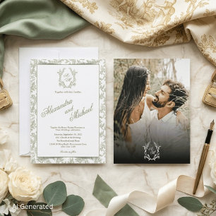 Elegant Sage Green Toile Floral Monogram Photo Invitation