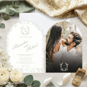 Elegant Sage Green Toile Floral Monogram Photo Invitation