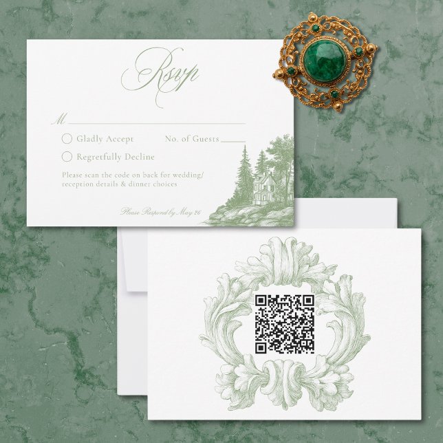 Elegant Sage Green Toile French Manor Wedding QR RSVP Card (Elegant Sage Green Toile French Manor Wedding QR RSVP Card)