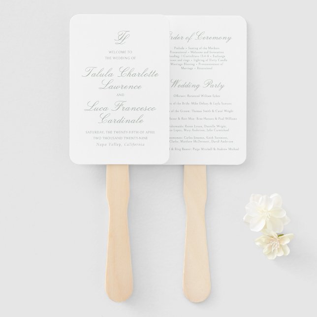 Elegant Sage Green Traditional Wedding Program Hand Fan (Front and Back)