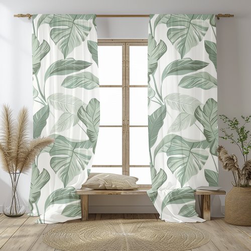 Elegant Sage Green Tropical Leaf Seamless Sheer Curtains