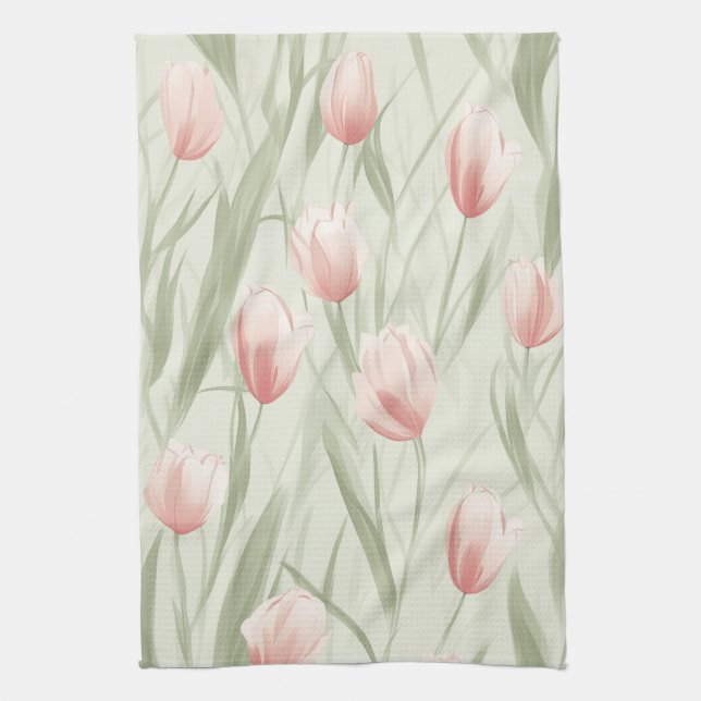 Elegant sage green tulip patten kitchen towel (Vertical)