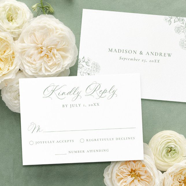 Elegant Sage Green Victorian Floral Wedding RSVP Card (Creator Uploaded)