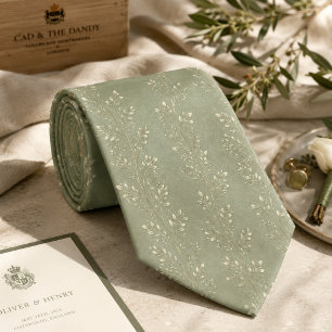 Elegant Sage Green Vine Delicate Botanical Neck Tie