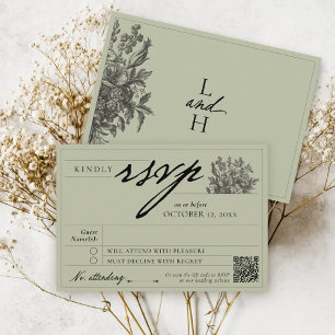 Elegant Sage Green Vintage Floral Boho Wedding RSVP Card