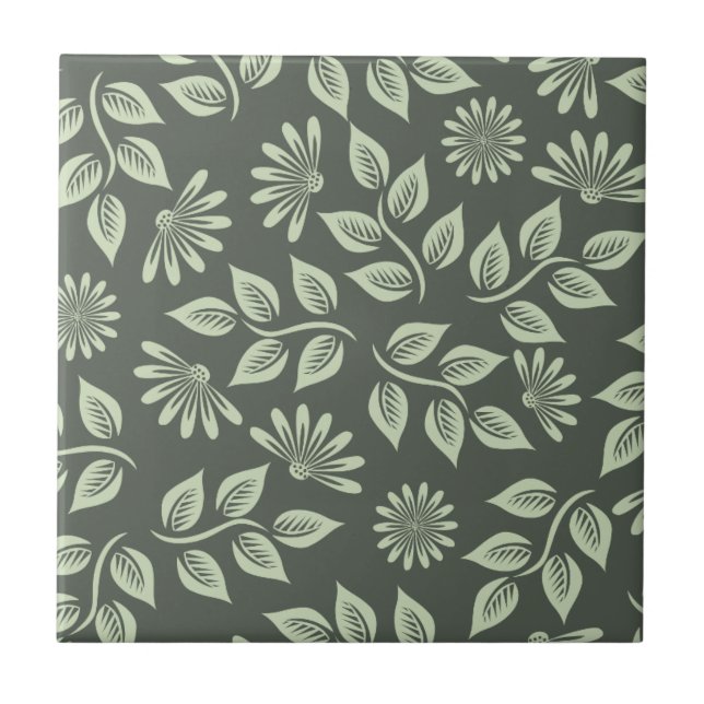 Elegant Sage Green Vintage Floral Ceramic Tile (Front)