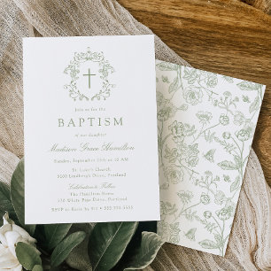 Elegant Sage Green Vintage Floral Cross Baptism Invitation