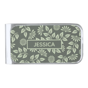 Elegant Sage Green Vintage Floral Personalised Silver Finish Money Clip