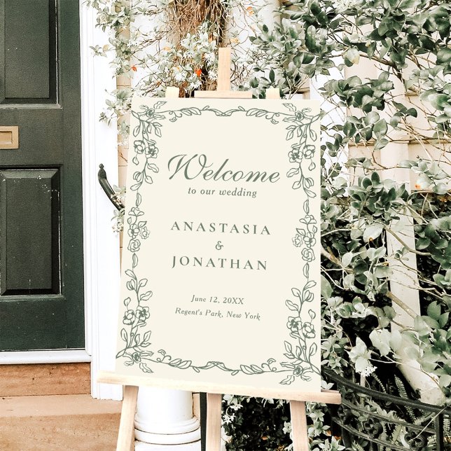Elegant Sage Green Vintage Floral Wedding Welcome Foam Board (Creator Uploaded)
